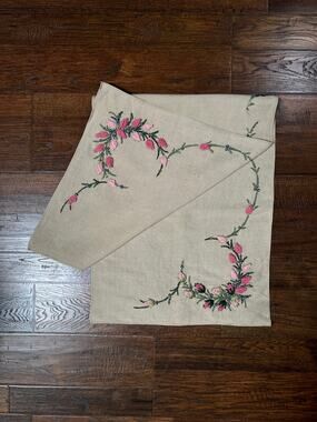 Vintage Rectangular Linen Table Runner Hand Embroidered Puffy Pink Rosebud Vine